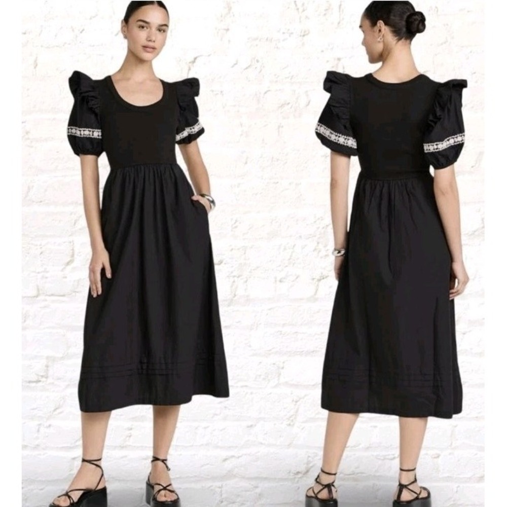 Cleobella Selma Midi Dress Cotton Poplin Pockets Black Sz S Embroidered Sleeve